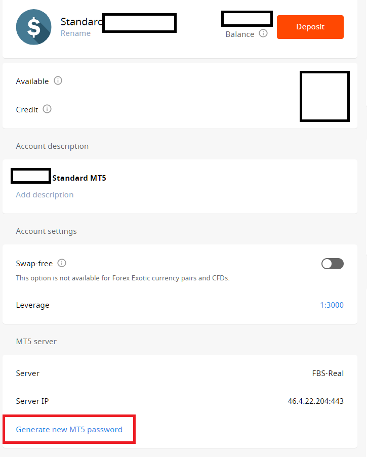 FBS MT4/MT5, generate new mt4/mt5 password