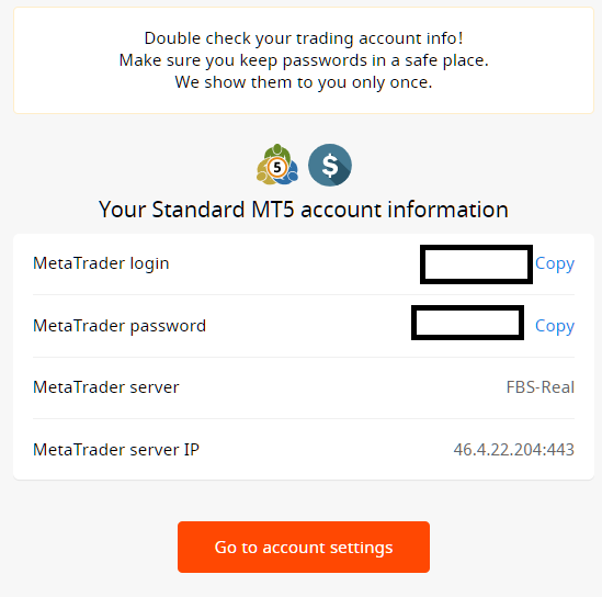 FBS MT4/MT5, new password is generated