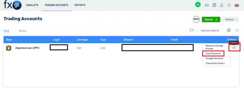 FXGT MT5, copy password