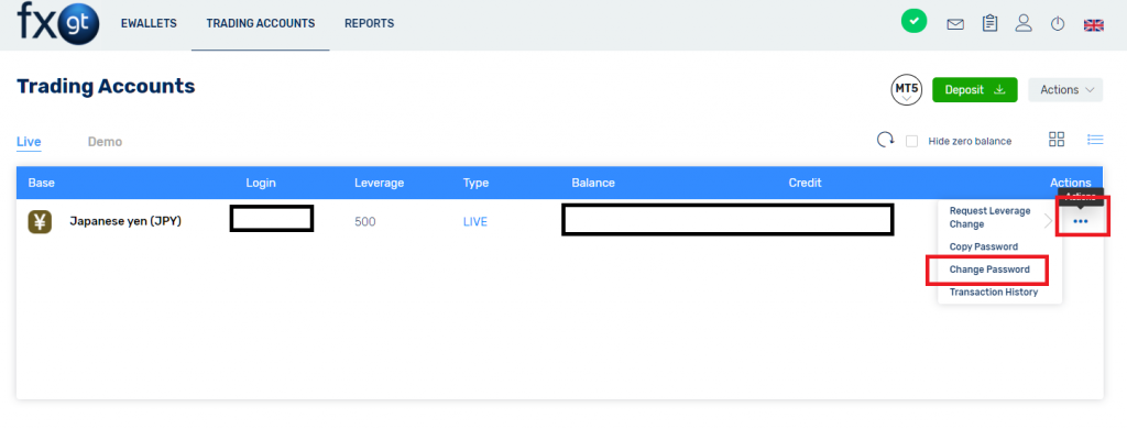 FXGT MT5, change password