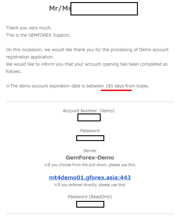 GEMFOREX demo account, confirmation email