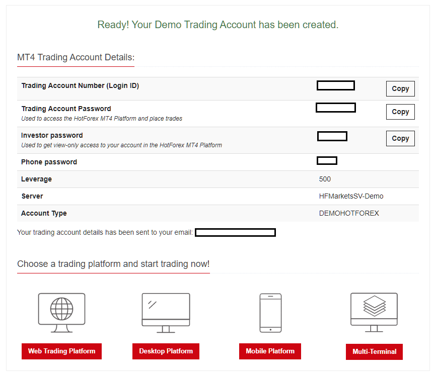 HotForex demo account. account has been opened