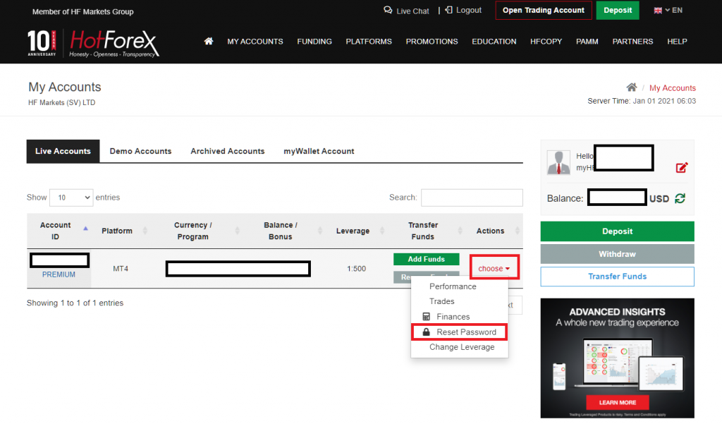 HotForex MT4/MT5, reset password