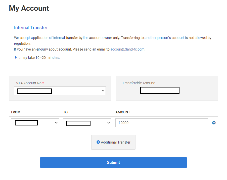 landfx additional account, submit internal transfer