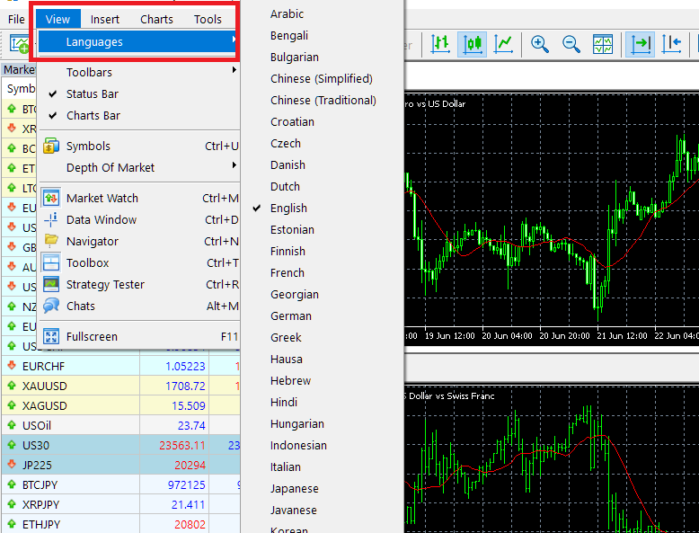 XM MT4/MT5, change language