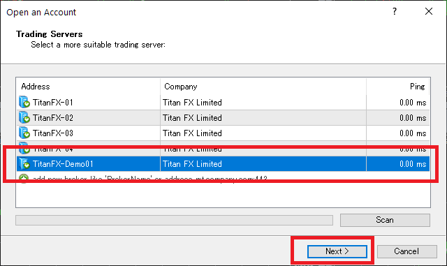 TitanFX demo account, select MetaTrader server