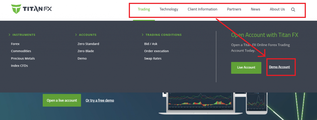 TitanFX demo account, top page menu