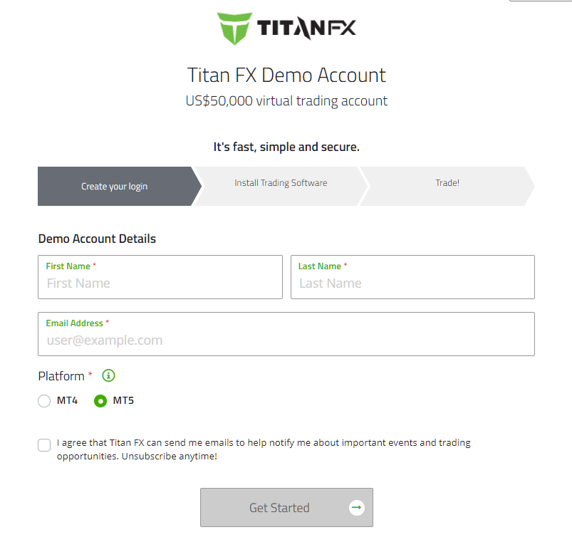TitanFX demo account, apply for demo account