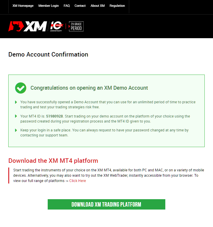 XM demo account, demo account has been opened