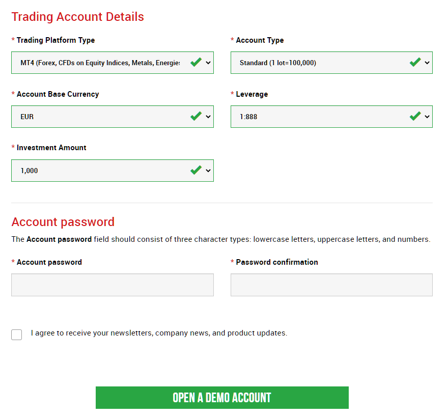 XM demo account, trading account details