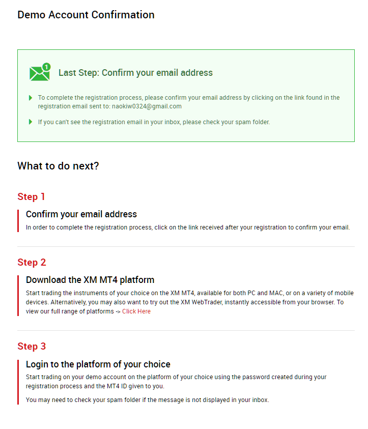 XM demo account, demo account confirmation