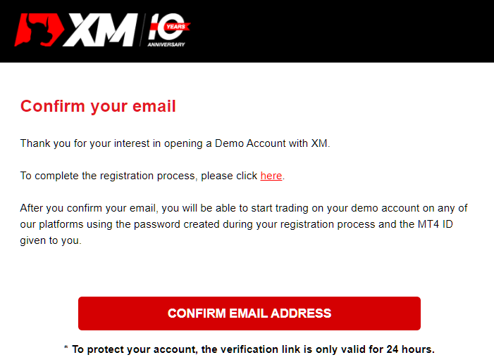 XM demo account, confirm your email address