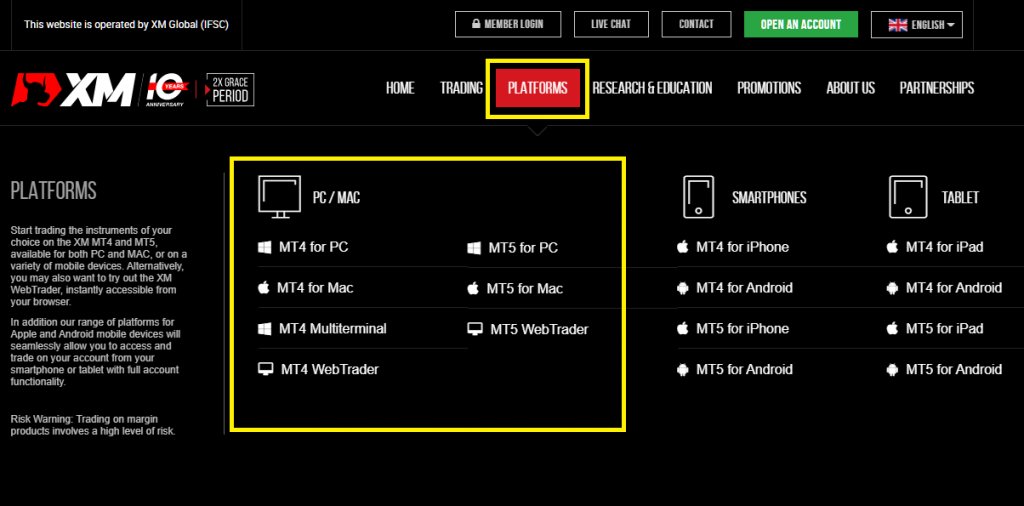 XM MT4/MT5, platform menu