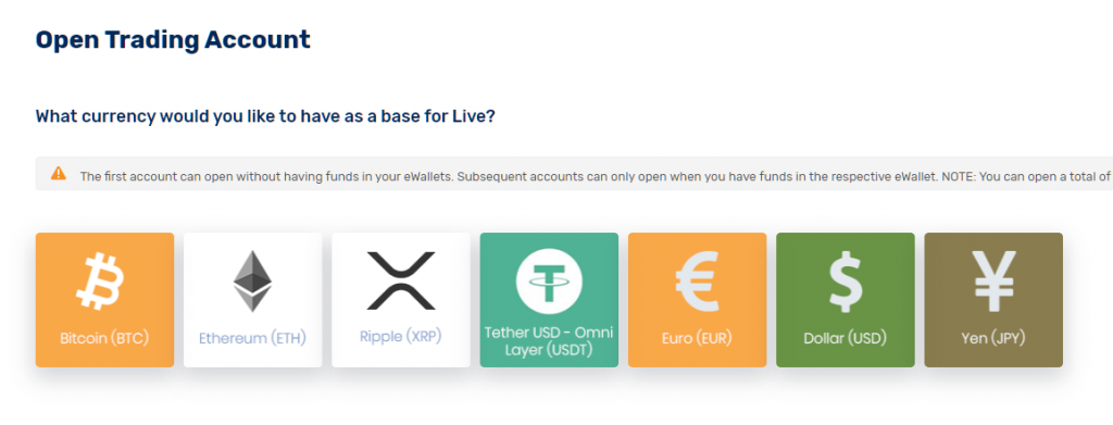 FXGT multiple account, select currency