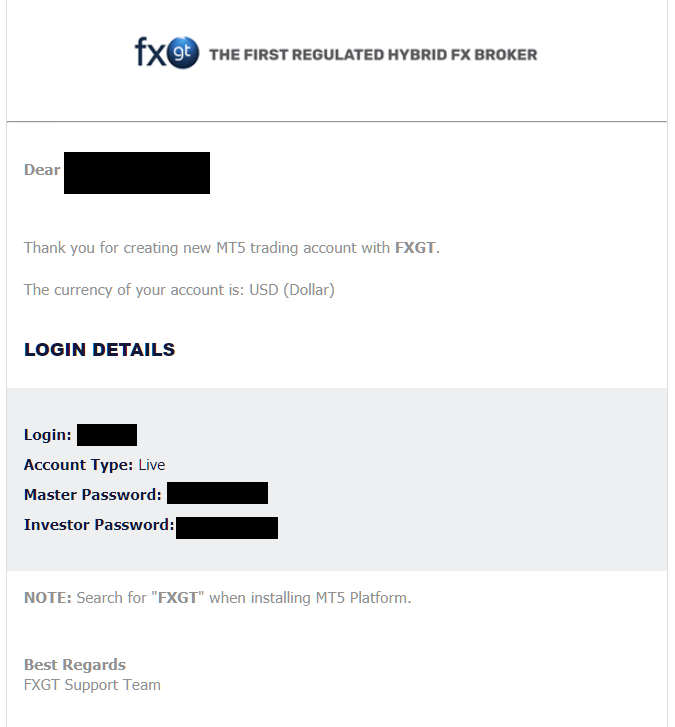 FXGT multiple account, confirmation mail