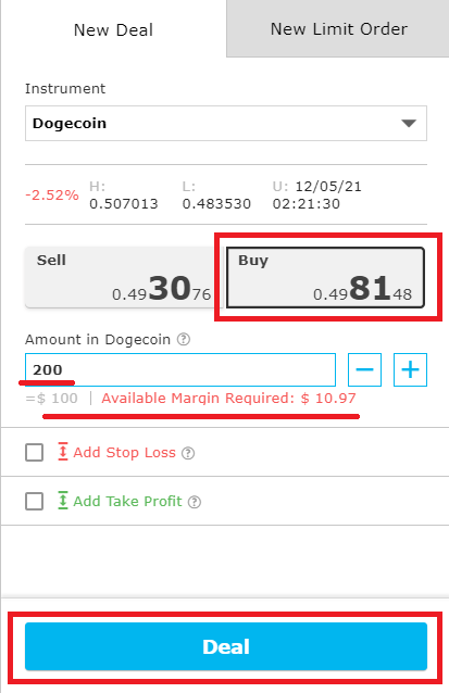 Place order for Dogecoin